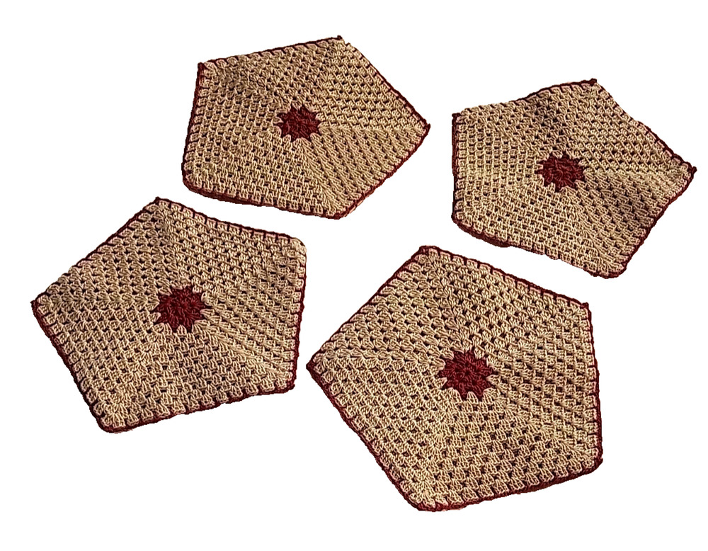 VTG LOT OF 4 HAND CROCHET RED & WHITE POTHOLDER POLYGON COTTAGECORE GRANNYCORE